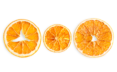 Set or collection of top view of group of three aromatic dried organic orange citrus fruit slices isolated on white background used as scented food ingredient as mulling spice and as christmas decor