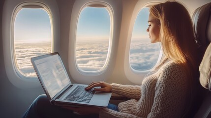 A person sits by the window on a flight, focused on their laptop with clouds outside