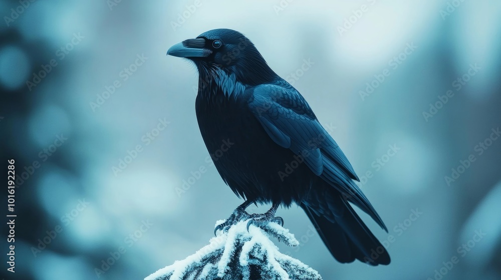 Sticker Black raven sitting atop a snow-draped evergreen branch, dark silhouette sharply contrasting the icy winter landscape, cold wind rustling through feathers 