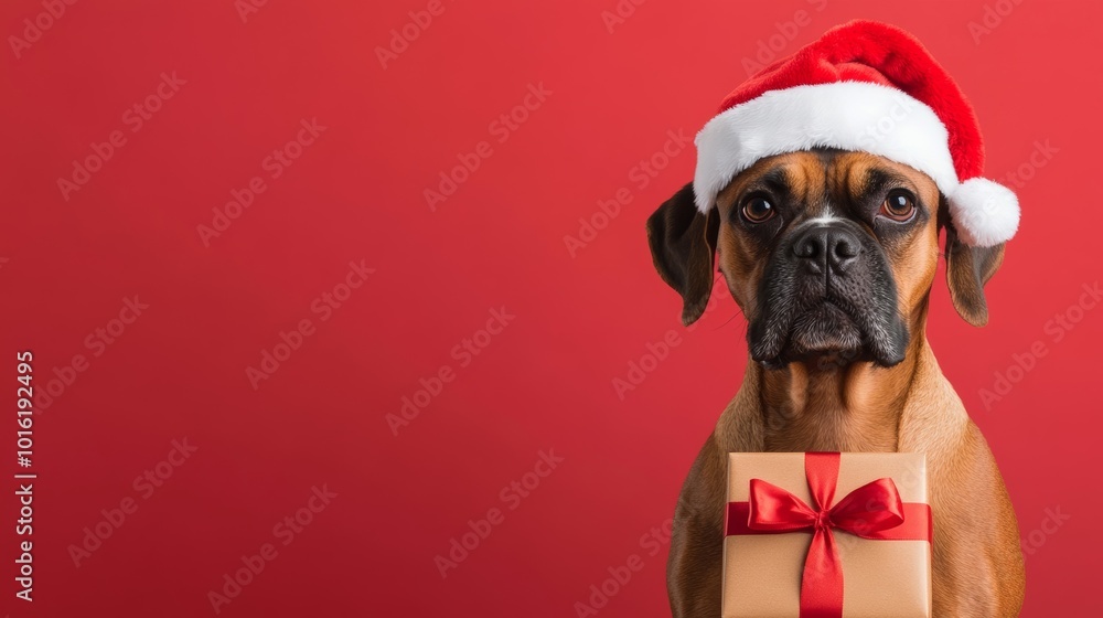 Wall mural Boxer dog in a Santa hat holding a gift box on a warm gold-to-red gradient background 