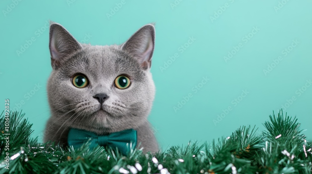 Sticker British Shorthair with a Christmas bow playing with tinsel on a snowy white-to-light-blue gradient background 