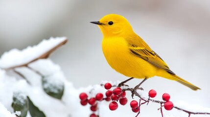 Bright yellow warbler fluttering between snow-covered berry bushes, vibrant color contrasting against the stark white background, empty space for text 