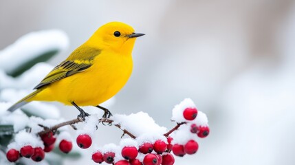 Bright yellow warbler fluttering between snow-covered berry bushes, vibrant color contrasting against the stark white background, empty space for text 