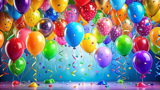 A symphony of vibrant balloons, each a splash of color against a backdrop of sparkling blue, celebrates the joy of a momentous occasion.