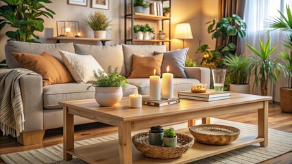 Fototapeta premium Warm Candlelight Illuminates a Cozy Living Room, Creating a Serene Atmosphere with Soft Textures and Natural Elements