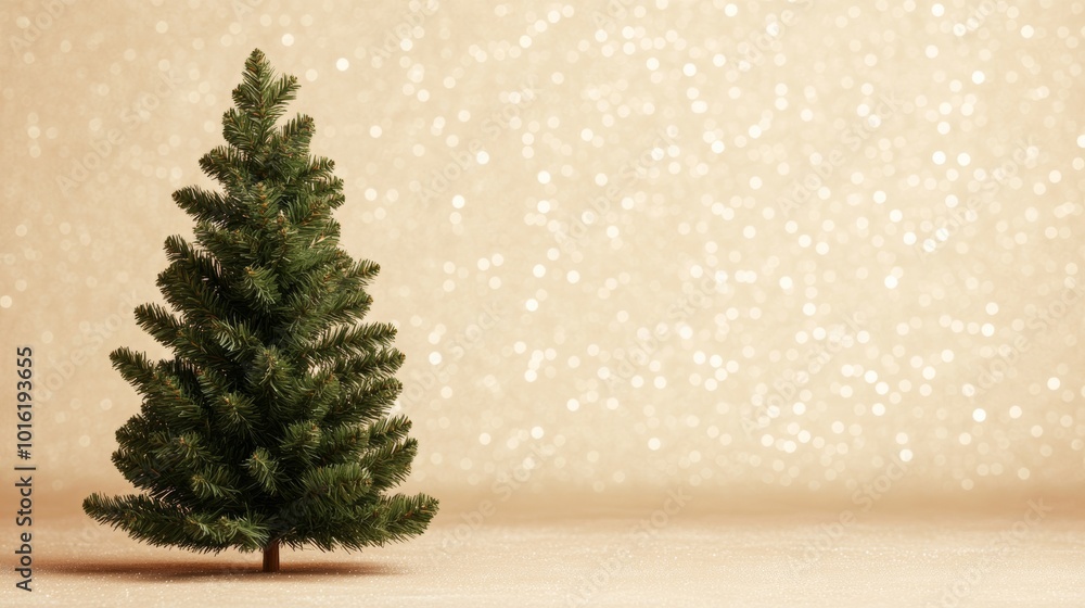 Aufkleber christmas tree in soft light with a starry bokeh glow over a textured canvas background in warm eart