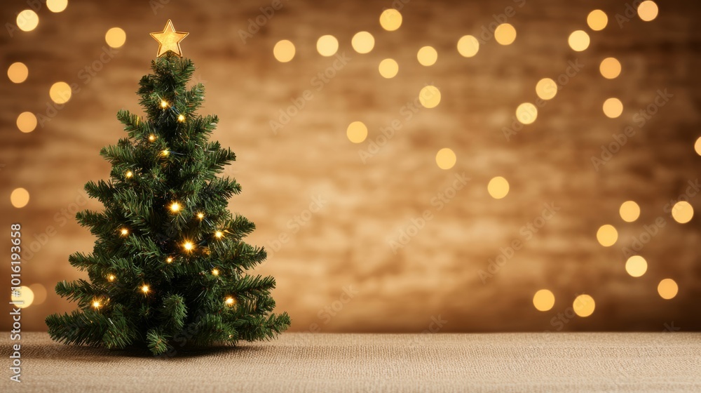 Poster christmas tree in soft light with a starry bokeh glow over a textured canvas background in warm eart
