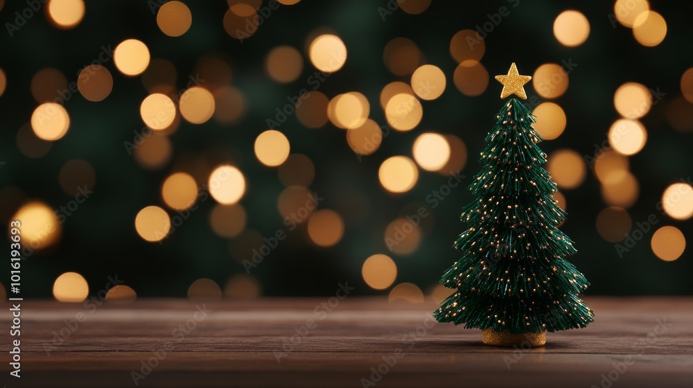 Poster christmas tree shining in green and gold with warm glowing bokeh dots floating over a rustic canvas 