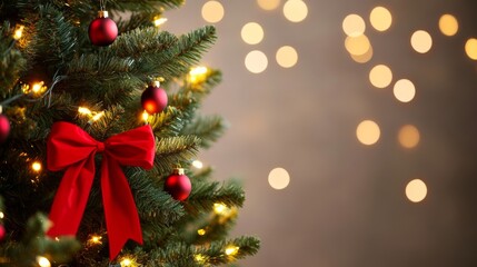 Obraz premium Christmas tree covered in lights with red ribbons, bokeh orbs glowing gently, set against a neutral canvas backdrop 