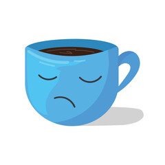 a blue cup with a sad face is on a white background 