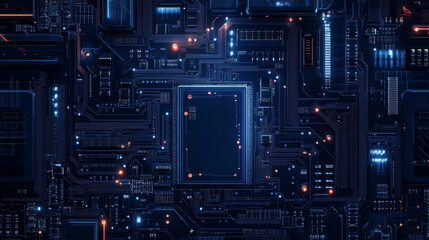 Fototapeta premium A CPU chip surrounded by PCB lines set against a dark blue background, featuring ample copy space for text or branding.