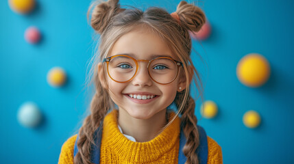 Happy smiling school child in glasses with backpack