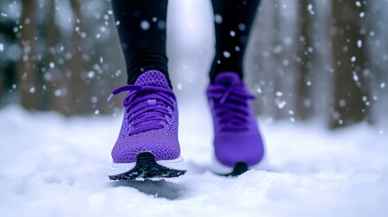 Close-up of athletic legs in purple sneakers jogging through thick snow, soft snowflakes falling, misty winter landscape stretching beyond 