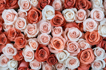 A close-up view of a large arrangement of pink, orange, and white roses, showcasing the intricate details and textures of the petals.