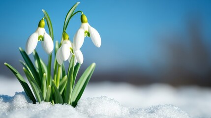 Close-up of snowdrop flowers emerging from the snow-covered ground, bright white petals glowing in the winter sun, soft blue sky above 