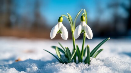 Close-up of snowdrop flowers emerging from the snow-covered ground, bright white petals glowing in the winter sun, soft blue sky above 