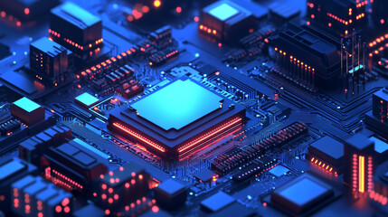 Obraz premium High-tech processor microchip incorporating AI technology. Quantum chip designed for big data processing. Isometric view of a CPU mounted on components on a motherboard. Includes both microchip and mi