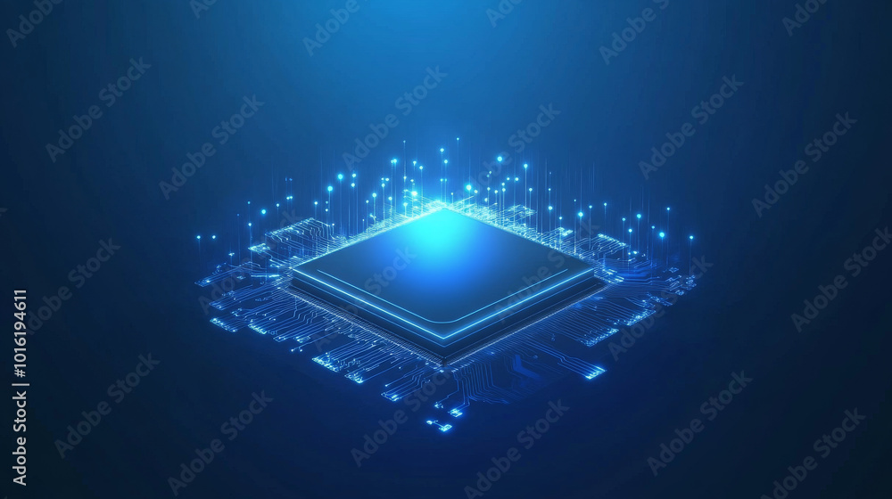 Poster a sleek and modern illustration of a futuristic microchip processor designed to represent advanced t