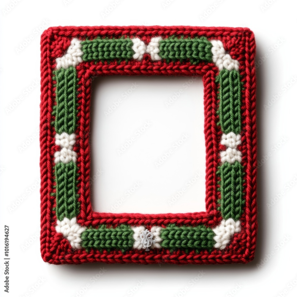 Poster cozy knitted christmas picture frame with red and green patterns and a snowflake button detail isola