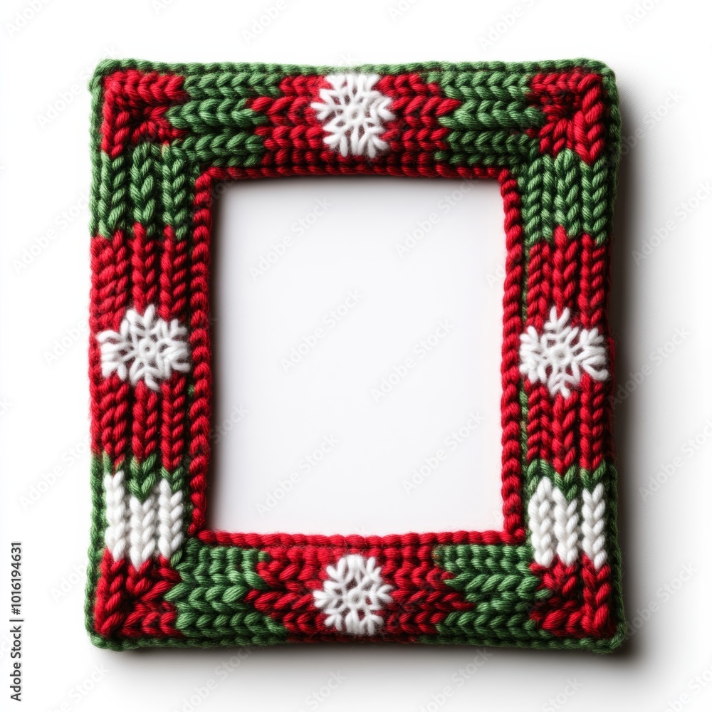 Poster cozy knitted christmas picture frame with red and green patterns and a snowflake button detail isola