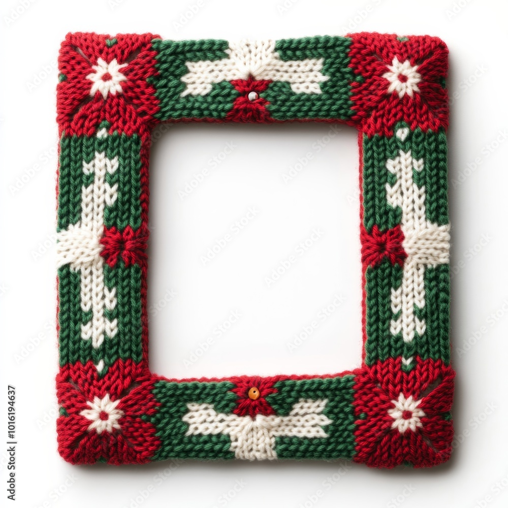 Poster cozy knitted christmas picture frame with red and green patterns and a snowflake button detail isola