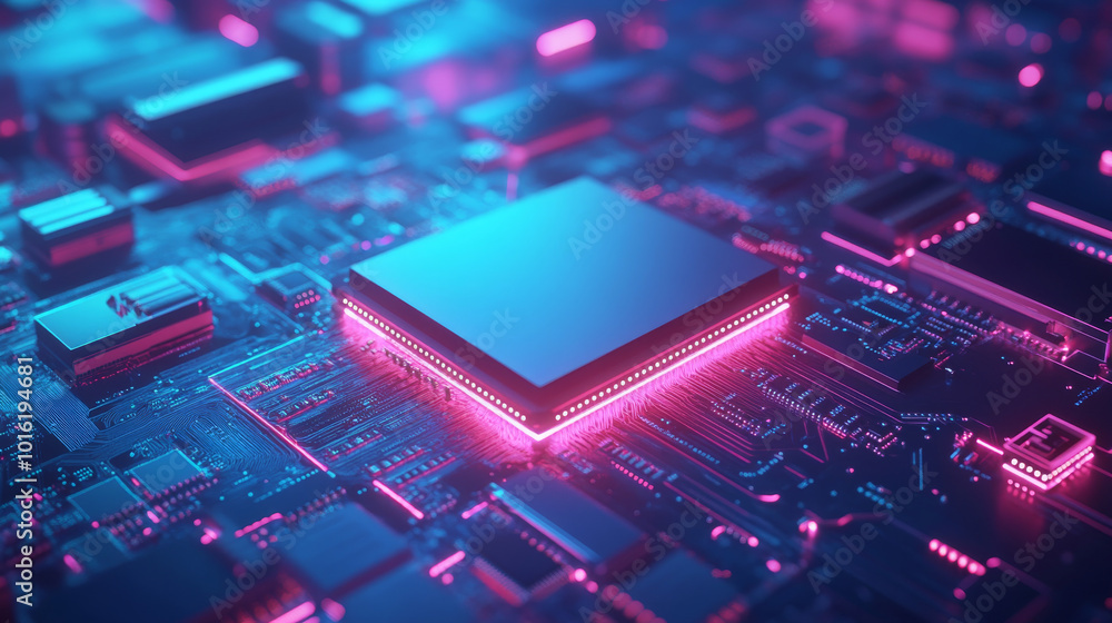 Poster a sleek and modern illustration of a futuristic microchip processor designed to represent advanced t