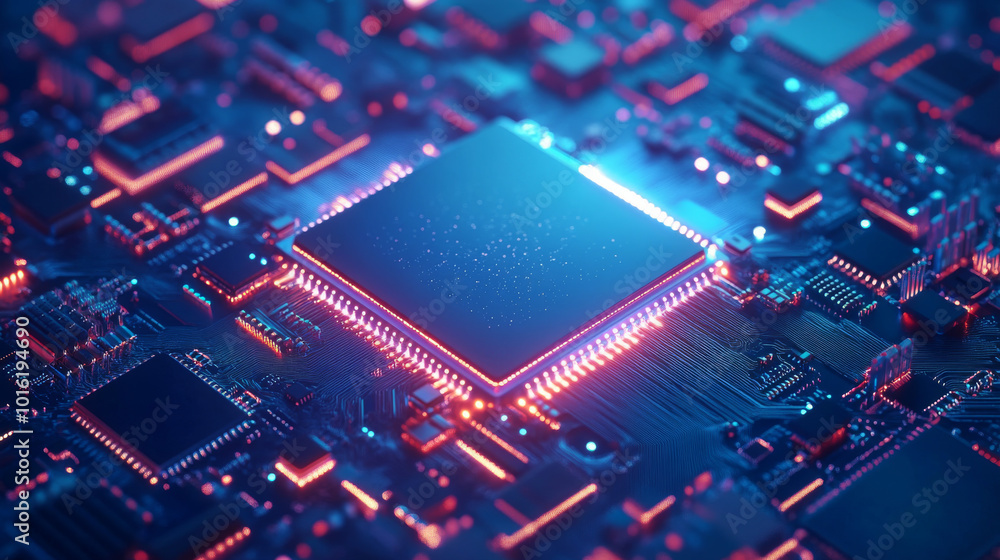 Poster a sleek and modern illustration of a futuristic microchip processor designed to represent advanced t