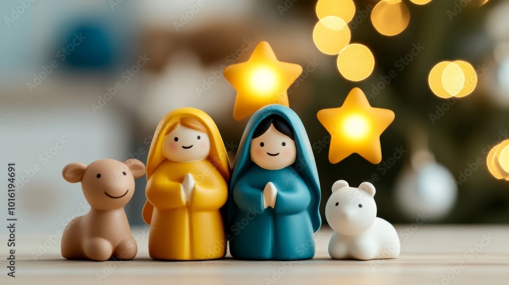 Sticker Cozy nativity scene with the Holy Family, animals nearby, and a glowing star illuminating the peaceful stable softly 