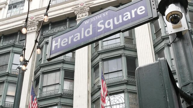New York City crossroad, Manhattan Broadway street intersection road sign. NYC Midtown district architecture, Herald Square park, 6 Sixth avenue, United States. American flag.