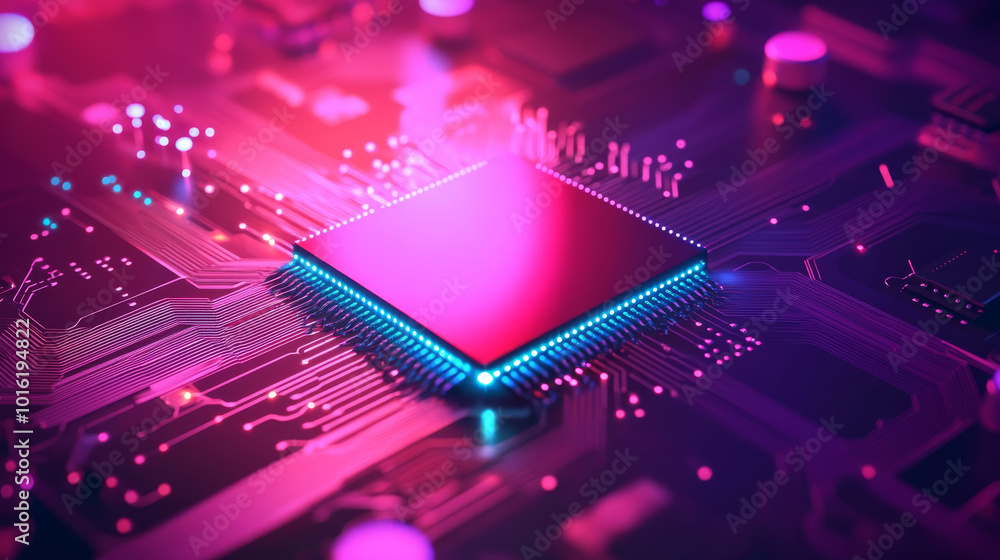 Poster a sleek and modern illustration of a futuristic microchip processor designed to represent advanced t