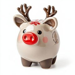 Obraz premium Cute Christmas piggy bank dressed in a reindeer outfit with antlers and a red nose isolated on white background 