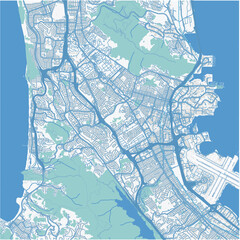 Map of South San Francisco in California in a professional blue style. Contains layered vector with roads water, parks, etc.