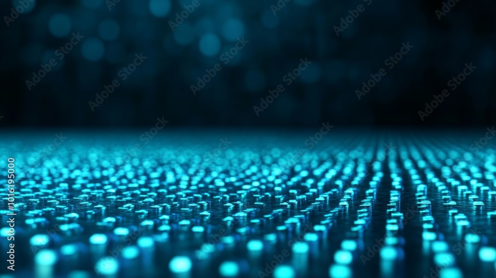 Poster cyber monday discount numbers dissolving into pixels on a dark gradient background with electric blu