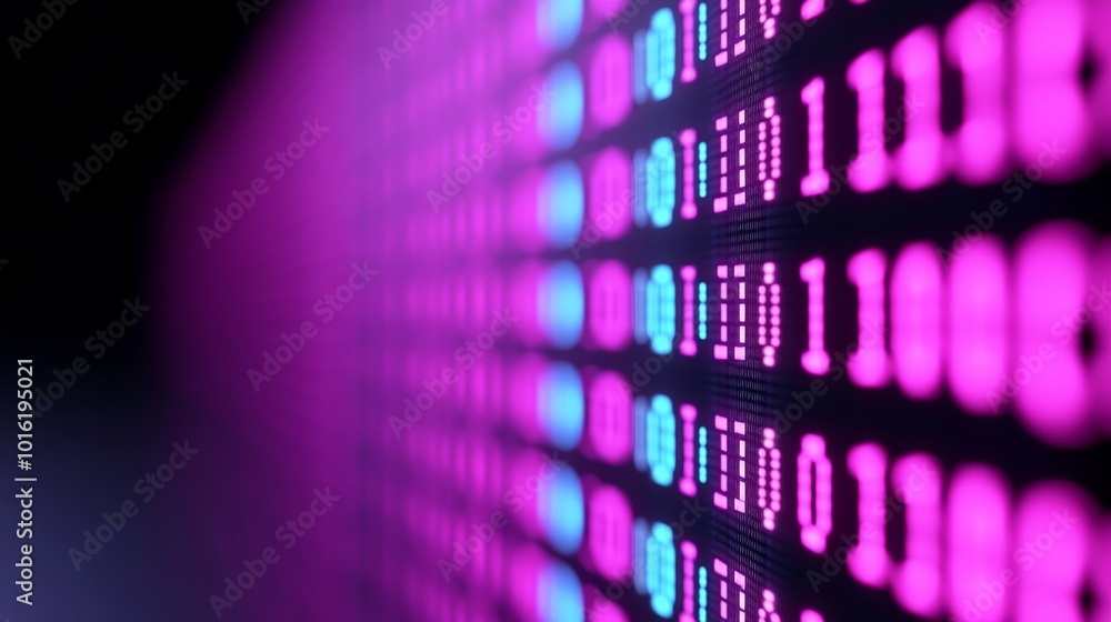 Poster cyber monday discount numbers dissolving into pixels on a dark gradient background with electric blu
