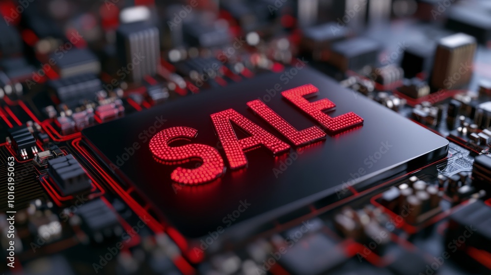 Poster dark cyber grid with glowing red sale text and floating tech gadgets for an edgy cyber monday theme