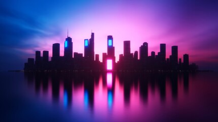 Fototapeta premium Cyberpunk city skyline with holographic sale tags floating in the sky for a futuristic Cyber Monday theme 
