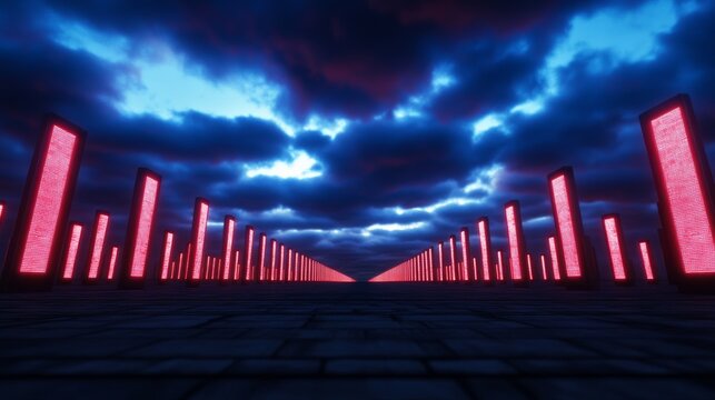 Cyberpunk city skyline with holographic sale tags floating in the sky for a futuristic Cyber Monday theme 