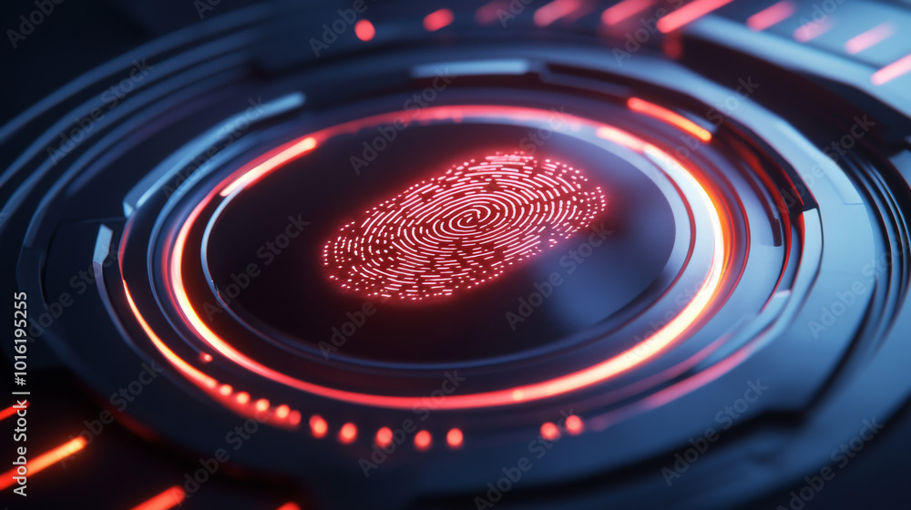 Poster a 3d illustration featuring a shield and lock with a fingerprint hologram, symbolizing advanced data