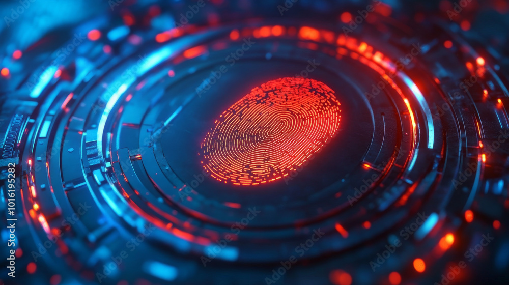 Poster a 3d illustration featuring a shield and lock with a fingerprint hologram, symbolizing advanced data