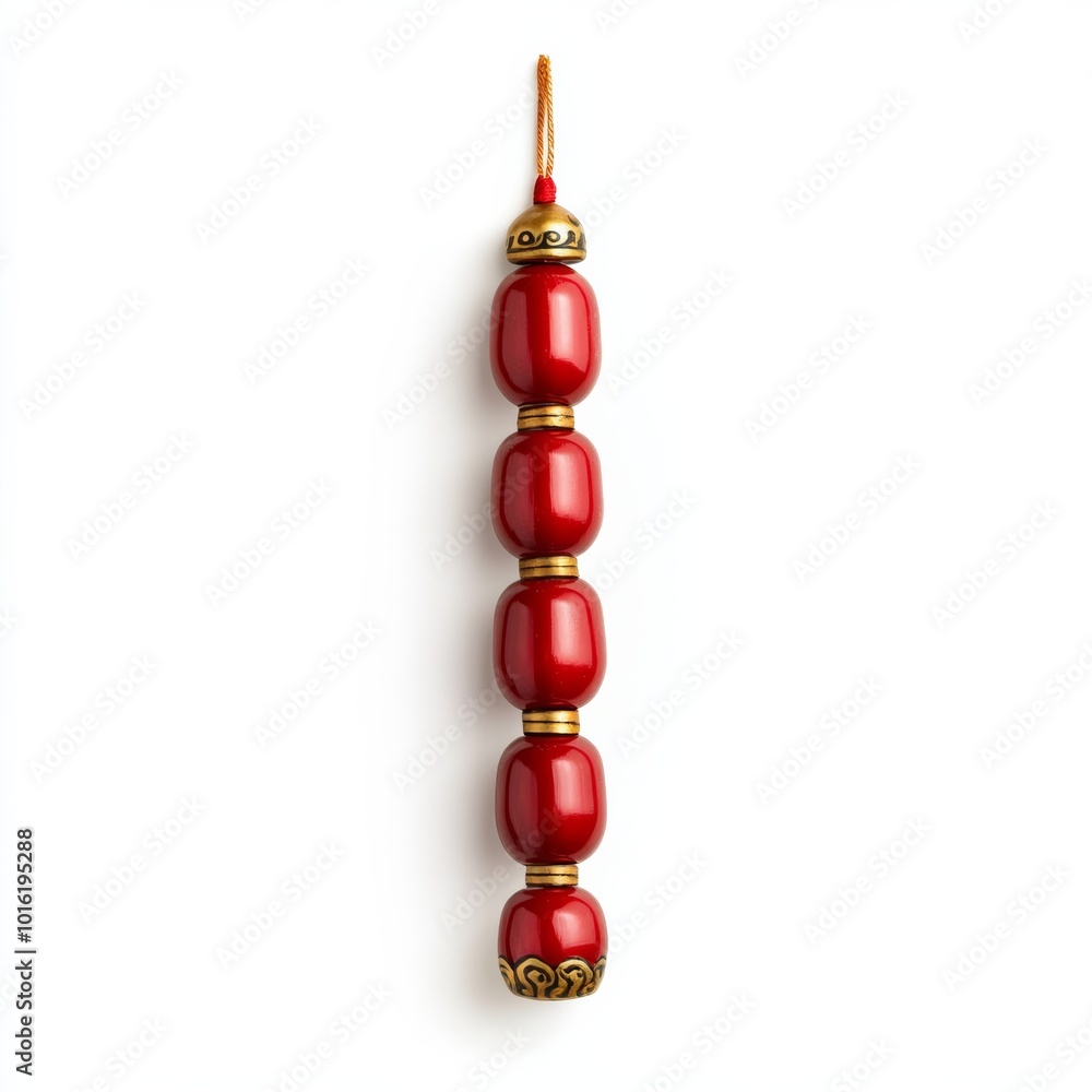 Poster decorative firecracker string with red and gold details hanging vertically isolated on white backgro