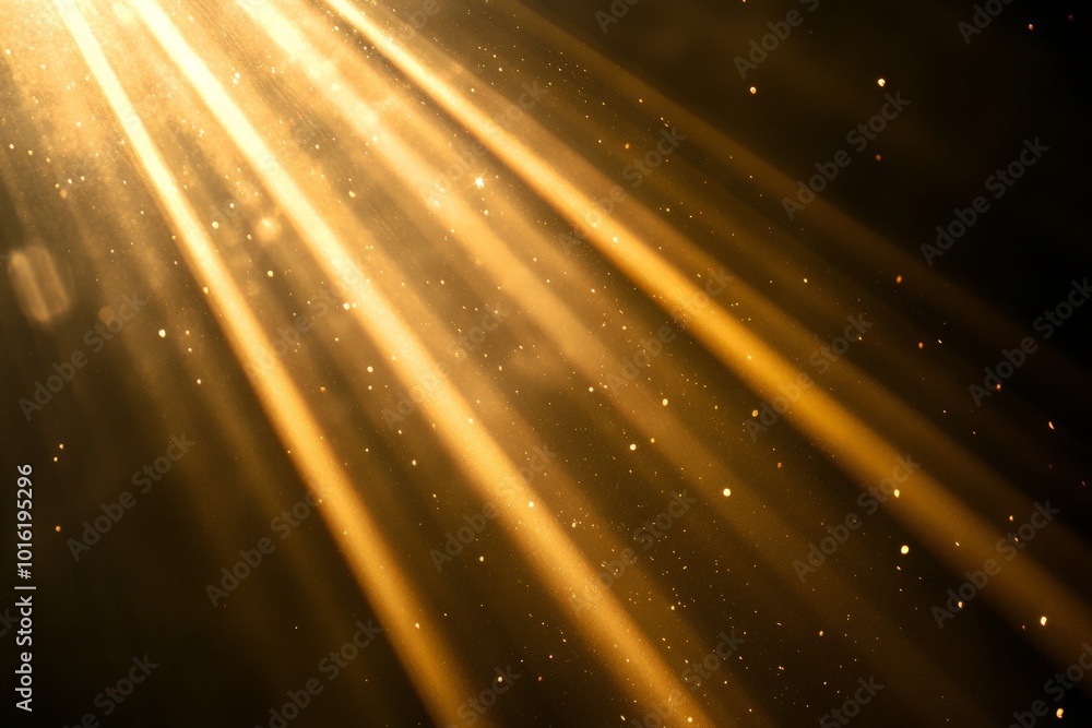 Poster Radiant golden beams pierce through the misty air, illuminating tiny particles and creating an ethereal and awe-inspiring scene filled with divine light.