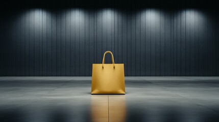 Dark minimalistic room with a single spotlight on a golden shopping bag for dramatic Black Friday announcement 