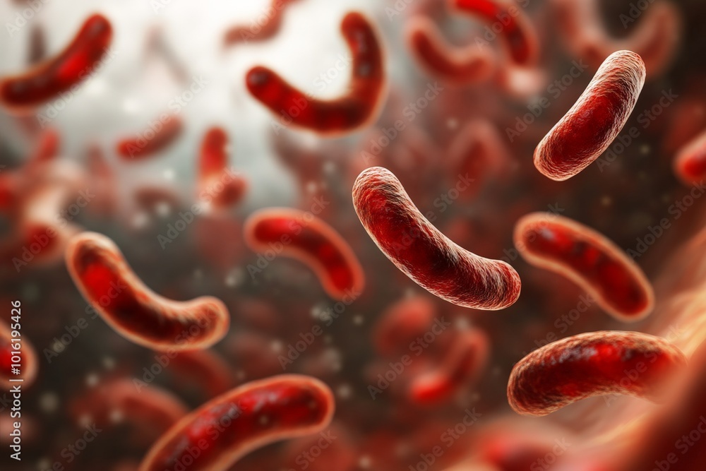 Poster Microscopic view of red rod-shaped bacteria floating freely in a dynamic environment, exhibiting typical bacterial structure and movement patterns.