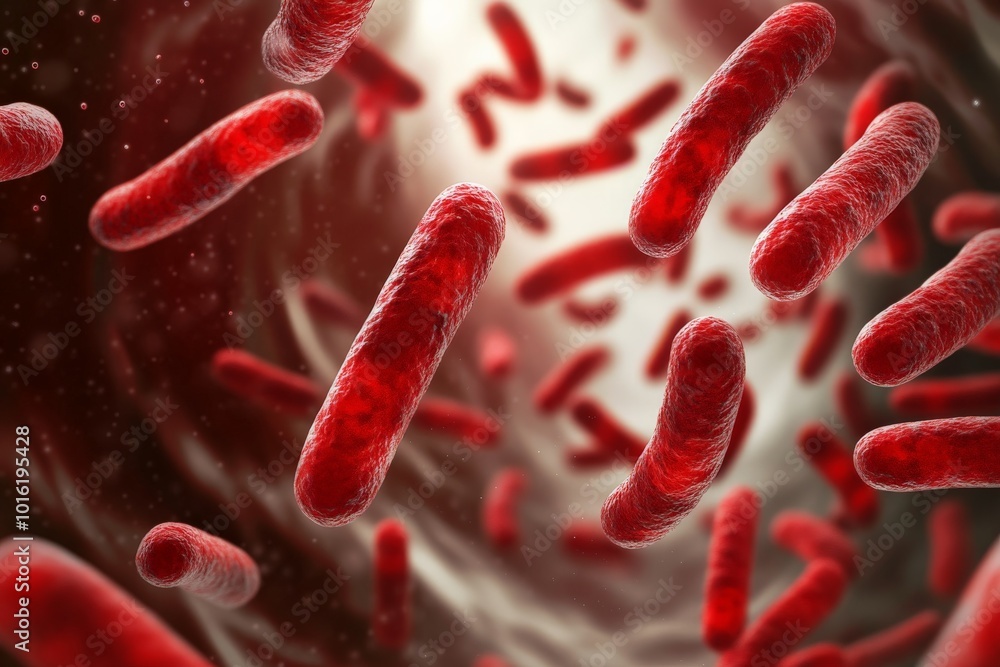 Aufkleber this dynamic image depicts swirling red bacteria in vibrant clusters, highlighting their microscopic