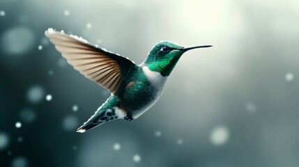 Fototapeta premium Delicate hummingbird frozen mid-flight in a snowy garden, iridescent green feathers sparkling in the cold, tiny wings blurred against a soft grey background 