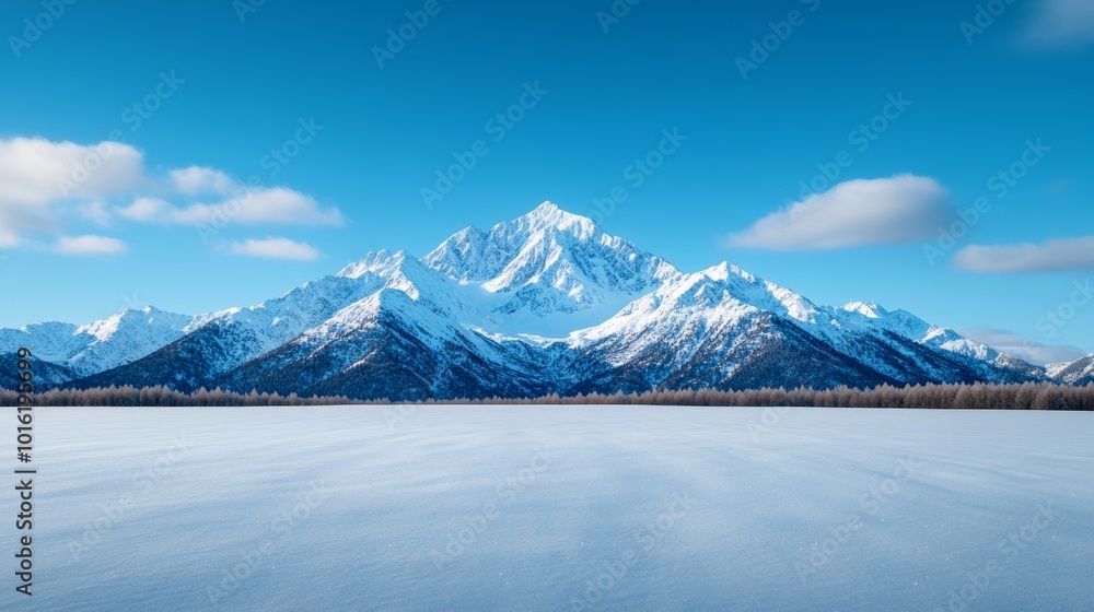 Poster distant snowy mountain range with open fields of snow in the foreground for text placement
