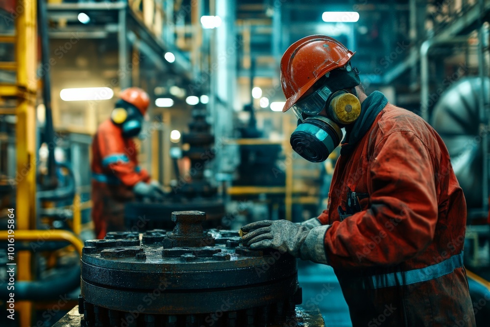 Aufkleber an engineer in full protective gear with a helmet and gas mask inspects a complex machine, prioritiz