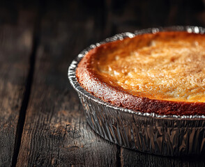 A rustic foil pan showcasing a golden-crusted pie, perfectly baked and inviting, representing classic comfort and homely satisfaction under warm light.