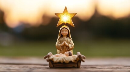 Elegant Christmas nativity scene with gold accents, baby Jesus in a manger, glowing star illuminating the peaceful setting 