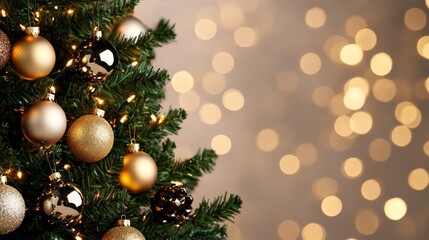 Elegant Christmas tree with shimmering gold and silver ornaments, softly blurred glowing background perfect for holiday designs 